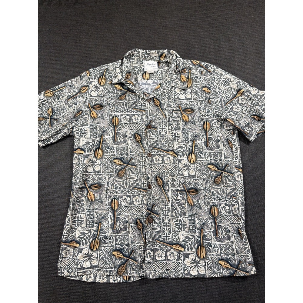 Vintage Naniloa By Lamco Gray Hawaiian Button Up Shirt Size XL Hibiscus Paddles